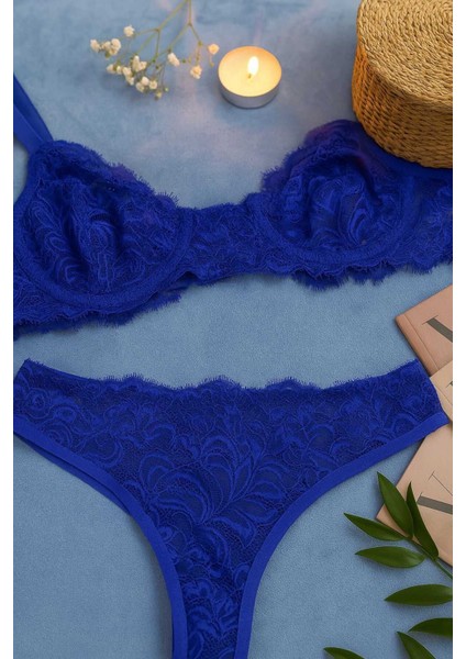 Zarif Mavi Dantelli Transparan Sütyen ve Tanga Takımı fiyatları