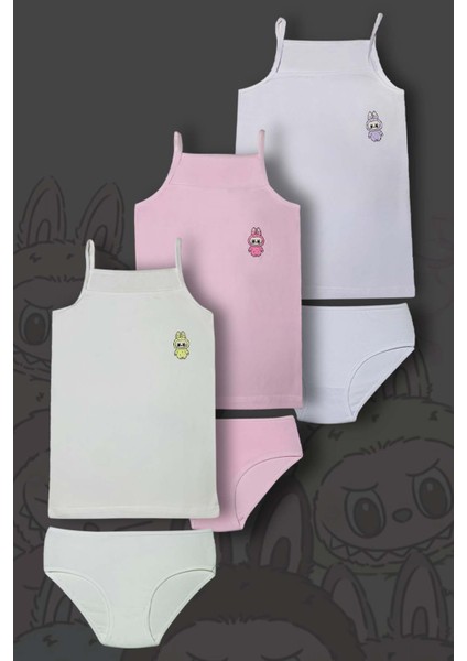 3'lü Kız Çocuk Labubu Baskılı Pamuklu Çamaşır Takımı
