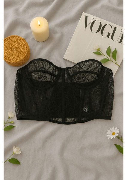 Siyah Transparan Dantel Büstiyer ve Tanga Iç Giyim Takımı modelleri