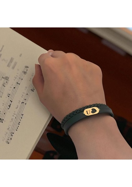 14 Ayar Altın Plakalı U Harfine Özel Koyu Yeşil Derili Kalp Motifli Hediye BILEKLIK-560HARF