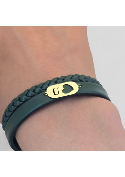 14 Ayar Altın Plakalı U Harfine Özel Koyu Yeşil Derili Kalp Motifli Hediye BILEKLIK-560HARF fırsatları