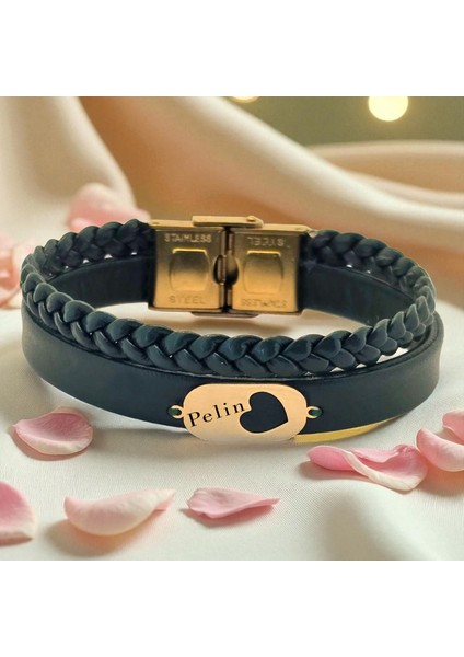 Altın Plakalı 14 Ayar Pelin Ismine Özel Kalp Motifli Koyu Yeşil Derili Hediye BILEKLIK-560ISIM fiyatları