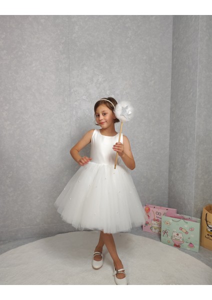 Kız Çocuk Ada Model Abiye Beyaz Etek Incili Elbise