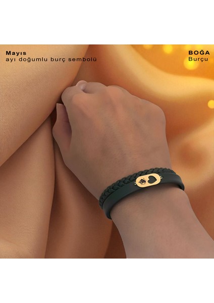 14 Ayar Altın Plakalı Boğa Burçları Için Koyu Yeşil Derili Kalp Motifli Hediye BILEKLIK-560BURÇ