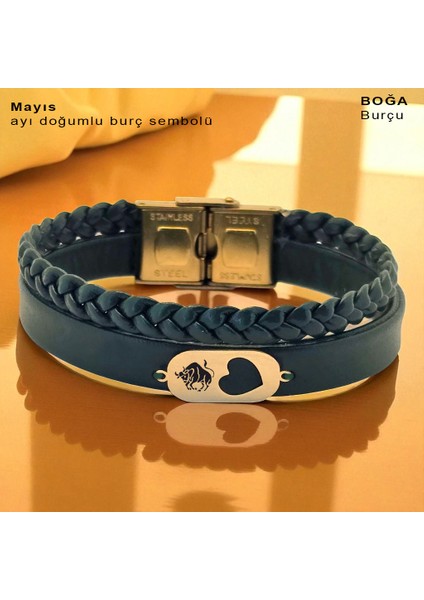 14 Ayar Altın Plakalı Boğa Burçları Için Koyu Yeşil Derili Kalp Motifli Hediye BILEKLIK-560BURÇ fiyatları