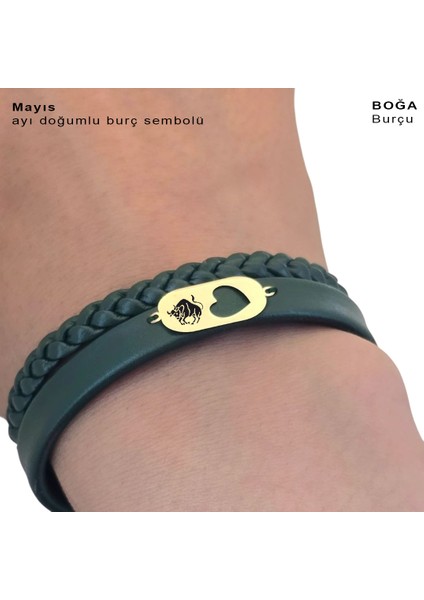 14 Ayar Altın Plakalı Boğa Burçları Için Koyu Yeşil Derili Kalp Motifli Hediye BILEKLIK-560BURÇ fırsatları