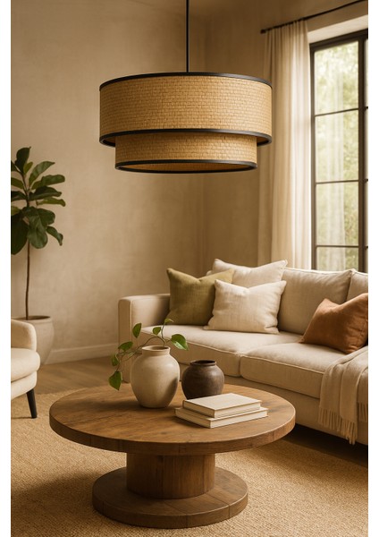 Hasır Avize Sarkıt – Çift Katlı Siyah Şeritli Deko