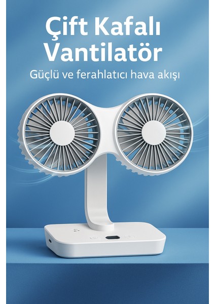 4 Kademeli, Çift Bağımsız Kafalı, 360° Döner Masa Üstü Işıklı Vantilatör