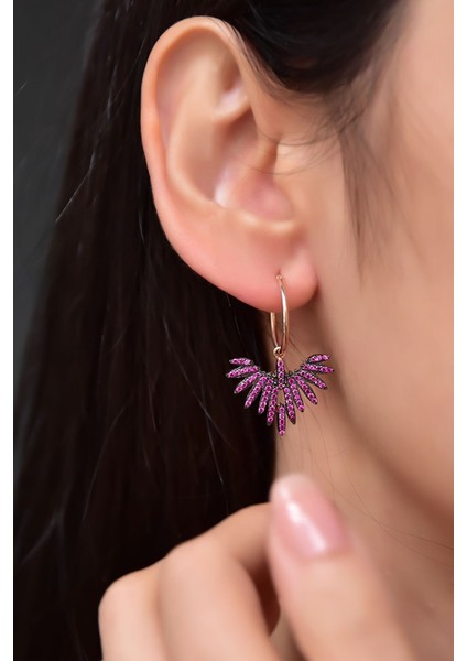 925 Ayar Gümüş Rose Kaplama Fuşya Zirkon Taşlı Kadın Anka Kuşu Figürlü Halkalı Küpe fiyatları