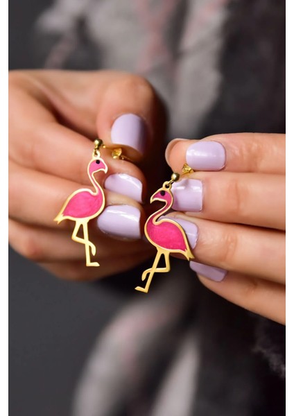 925 Ayar Gümüş Gold Kaplama Parlayan Rüya Serisi Tasarım Ebruli Cam Boyalı Flamingo Küpe fiyatları