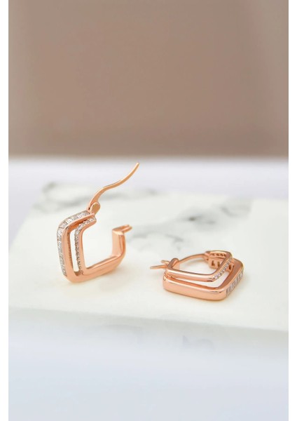 925 Ayar Gümüş Rose Kaplama Çift Kare Halka Baget Taşlı Tamtur Küpe fiyatları