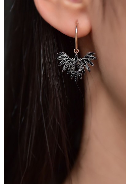 925 Ayar Gümüş Rose Kaplama Siyah Zirkon Taşlı Kadın Anka Kuşu Figürlü Halkalı Küpe fiyatları