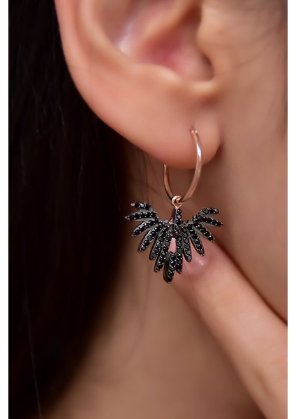 925 Ayar Gümüş Rose Kaplama Siyah Zirkon Taşlı Kadın Anka Kuşu Figürlü Halkalı Küpe modelleri