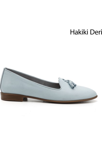 Kadın Mavi Hakiki Deri Püsküllü Babet
