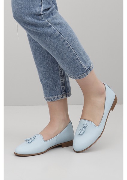 Kadın Mavi Hakiki Deri Püsküllü Babet fiyatları