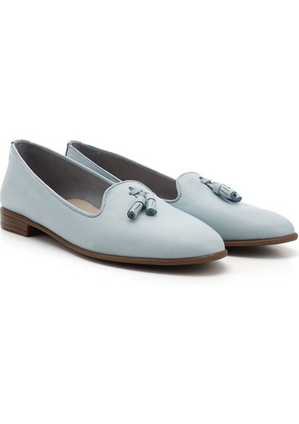 Kadın Mavi Hakiki Deri Püsküllü Babet modelleri