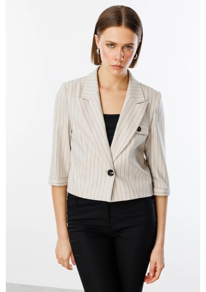 Çizgi Desenli Pamuklu Crop Ceket Bej 04048