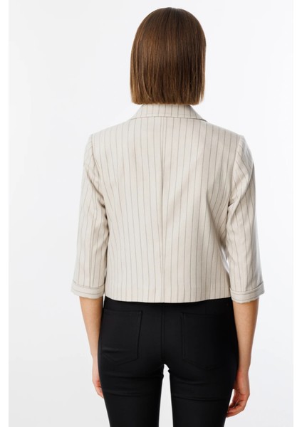 Çizgi Desenli Pamuklu Crop Ceket Bej 04048 modelleri