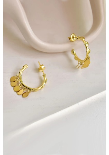 925 Ayar Gümüş Altın Kaplama Yuvarlak Pullu Sallantılı Shakira Tasarım Halka Küpe