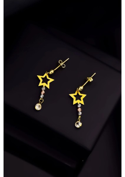 925 Ayar Gümüş Üç Renk Dorika Toplu, Zirkon Taş Sallantılı Yıldız Çivili Küpe fiyatları