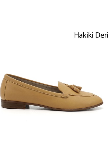 Gön Hakiki Deri Yuvarlak Burun Düz Taban Püsküllü Kadın Babet 24259