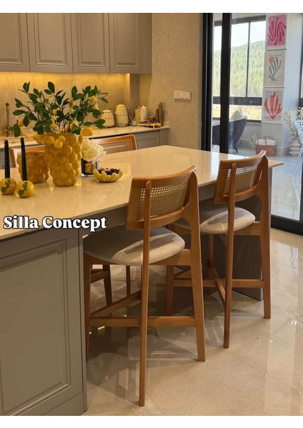 Concept 2'li Zion Bar Sandalyesi Teddy Krem Kumaş Hasırlı Naturel Ahşap Ada Sandalyesi (2 Adet)