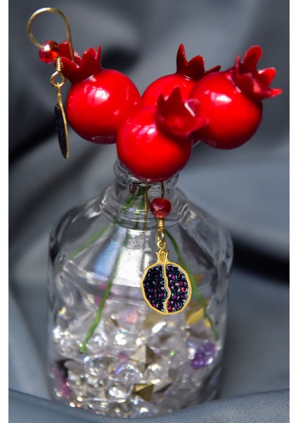 925 Ayar Gümüş Altın Kaplama Kırmızı Boncuklu Bereket Tılsımı Nar Tanesi Küpe modelleri