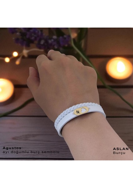 14 Ayar Plakalı Altın Aslan Burçları Için Doğal Beyaz Derili Kalp Figürlü Hediye BILEKLIK-561BURÇ