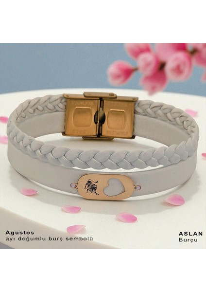 14 Ayar Plakalı Altın Aslan Burçları Için Doğal Beyaz Derili Kalp Figürlü Hediye BILEKLIK-561BURÇ fiyatları