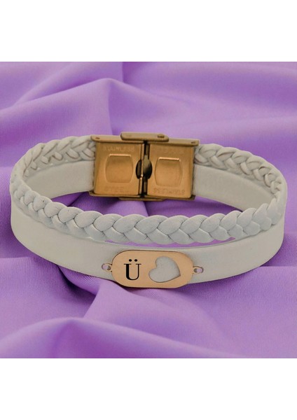 14 Ayar Plakalı Altın Ü Harfine Özel Kalp Figürlü Doğal Beyaz Derili Hediye BILEKLIK-561HARF fiyatları