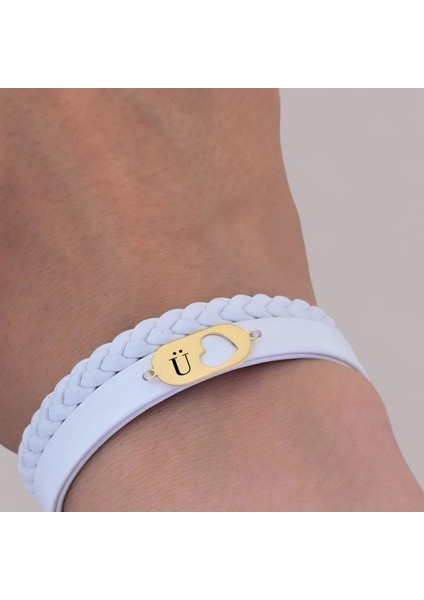 14 Ayar Plakalı Altın Ü Harfine Özel Kalp Figürlü Doğal Beyaz Derili Hediye BILEKLIK-561HARF fırsatları