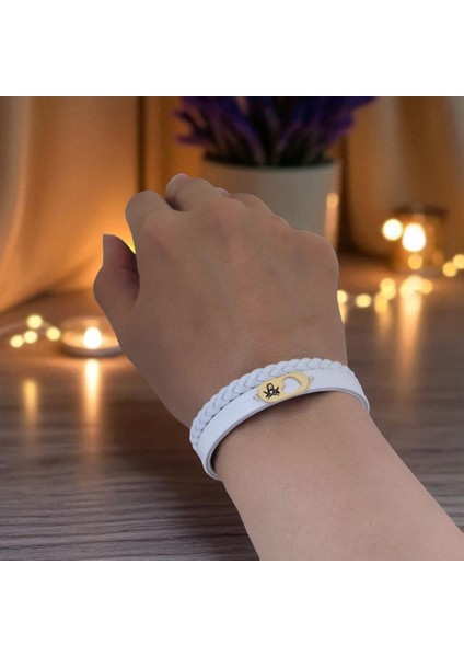 14 Ayar Altın Plakalı Hz Ali Temalı Kalp Figürlü Doğal Beyaz Derili Hediye BILEKLIK-561SEMBOL