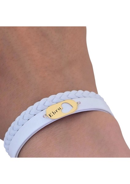 Altın Plakalı 14 Ayar Ebru Ismine Özel Doğal Beyaz Derili Kalp Figürlü Hediye BILEKLIK-561ISIM fırsatları