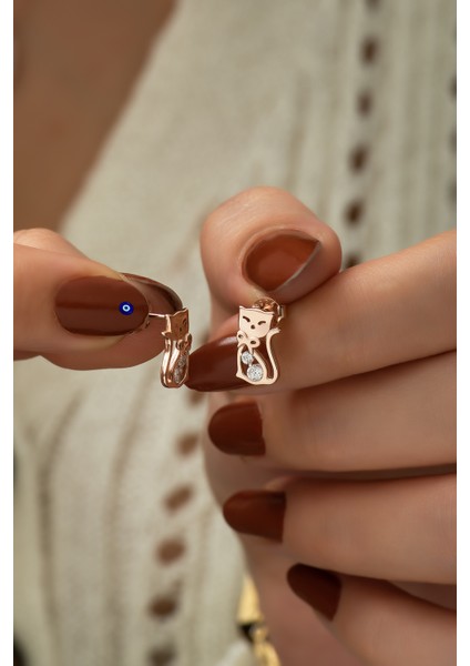 925 Ayar Gümüş Rose Kaplama Kedi Figürü Zirkon Taşlı Küpe fiyatları