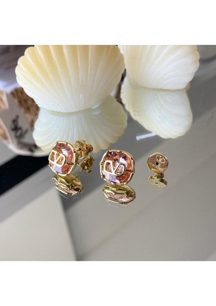 Pembe Taşlı Gold Çelik Küpe