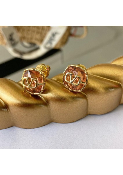 Pembe Taşlı Gold Çelik Küpe modelleri