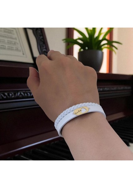 14 Ayar Plakalı Altın Seda Ismine Özel Doğal Beyaz Derili Kalp Figürlü Hediye BILEKLIK-561ISIM