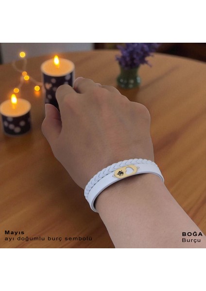 14 Ayar Altın Plakalı Boğa Burçları Için Doğal Beyaz Derili Kalp Figürlü Hediye BILEKLIK-561BURÇ