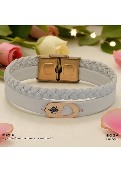 14 Ayar Altın Plakalı Boğa Burçları Için Doğal Beyaz Derili Kalp Figürlü Hediye BILEKLIK-561BURÇ fiyatları