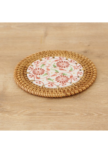 Mylamp Rattan Çerçeveli 14 Cm. Kırmızı Üçlü Çiçek Desenli Dekoratif Obje