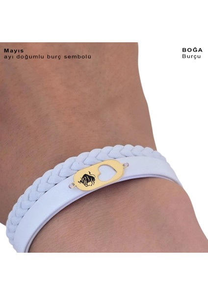 14 Ayar Altın Plakalı Boğa Burçları Için Doğal Beyaz Derili Kalp Figürlü Hediye BILEKLIK-561BURÇ fırsatları