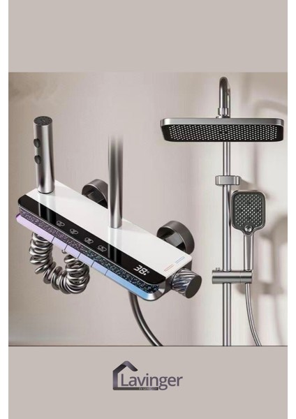 Akıllı LED Ekranlı Termostatik Duş Sistemi – 5 Fonksiyonlu Premium Tasarım - Robot Işıklı Beyaz
