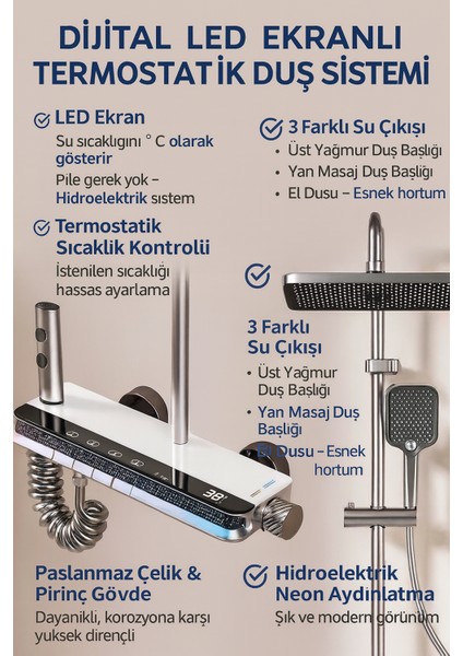 Akıllı LED Ekranlı Termostatik Duş Sistemi – 5 Fonksiyonlu Premium Tasarım - Robot Işıklı Beyaz fiyatları