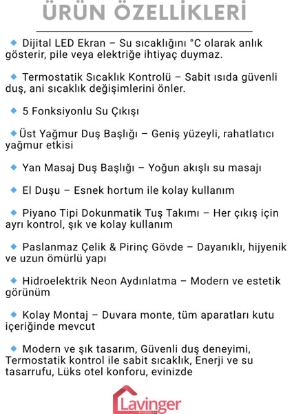 Akıllı LED Ekranlı Termostatik Duş Sistemi – 5 Fonksiyonlu Premium Tasarım - Robot Işıklı Beyaz