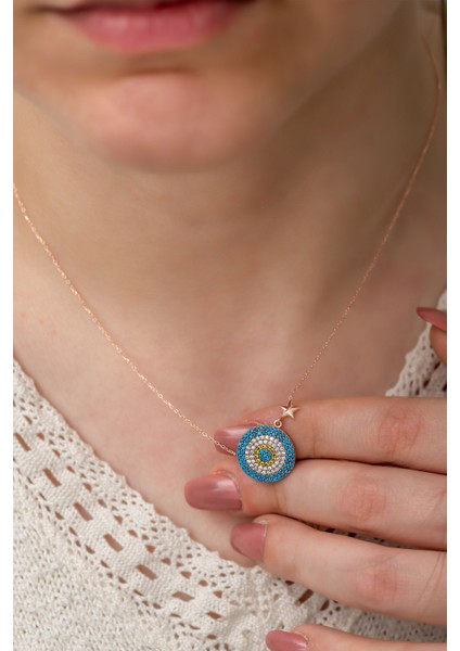 925 Ayar Rose Kaplama Yıldızlı Gümüş Nazar Kolye modelleri