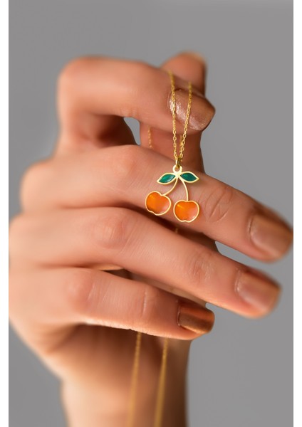 925 Ayar Gümüş Gold Kaplama Özel Tasarım Turuncu Kiraz Kolye