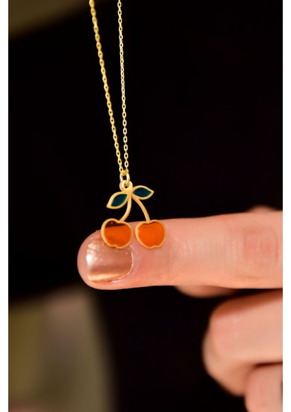 925 Ayar Gümüş Gold Kaplama Özel Tasarım Turuncu Kiraz Kolye fırsatları