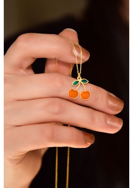925 Ayar Gümüş Gold Kaplama Özel Tasarım Turuncu Kiraz Kolye indirimleri
