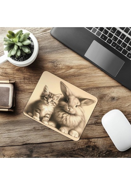 Krem Zemin Üzerine Ikili Hayvan Figürü - 19X23 cm 2 mm Dikdörtgen Ithal Baskılı Mouse Pad