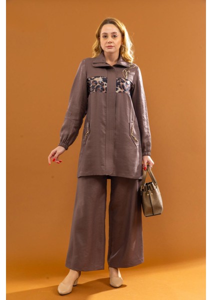 1606 Ceketin Önü Fermuarlı Önü Pullu Leopar ve Taş Işlemeli Cep Görünümlü Kol Ucu Lastikli Pantolonun Beli Lastikli Ikili Takım #03-25#